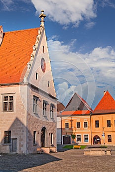 Town Hall and old houses on Town hall square in Bardejov town during evening