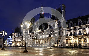 The town hall of Paris at night , France.