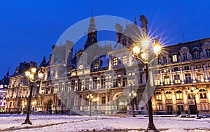 The town hall of Paris at night in winter , France.