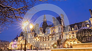 The town hall of Paris at night in winter , France.