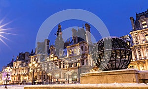 The town hall of Paris at night in winter , France.