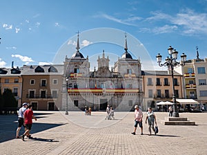 The town hall of Ponferrada adorned with Spanish flags during the Holm oak festival