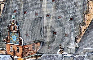 Town Hall roof top renaissance tower with the clock gable in Marburg, Hesse, Germany