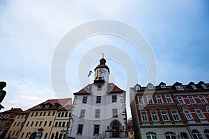 Town hall of SchmÃÂ¶llin in Thuringia, with flag of Ukraine