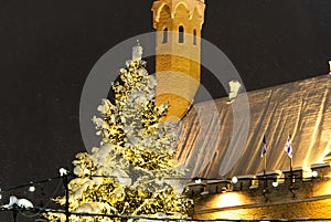The Town Hall Square in old town of Tallinn, Estonia, in winter time. Christmas market.