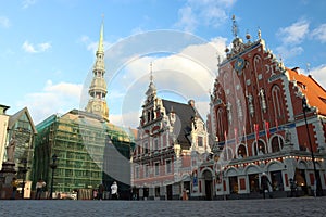 Town Hall Square overlooking the House of the Blackheads and St. Peter`s Church in the center of the old city of Riga, Latvia