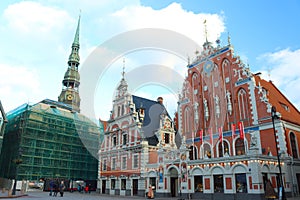 Town Hall Square overlooking the House of the Blackheads and St. Peter`s Church in the center of the old city of Riga, Latvia