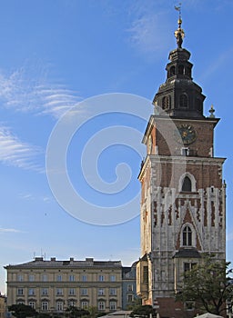 Town hall tower on main market square in Krakow, Poland