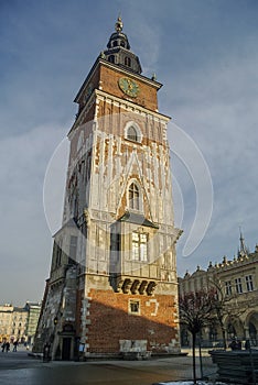 Town Hall Tower in the main market square (Rynek Glowny) in Krakow in Poland.