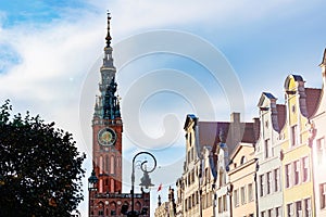 Town Hall tower and main pedestrian street in the old city center of Gdansk, Poland.