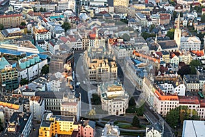 Town Hallm theathre and the City Center of Liberec. Aerial shot