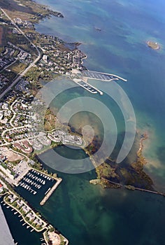 Town and harbor of Collingwood with vibrant turquoise water