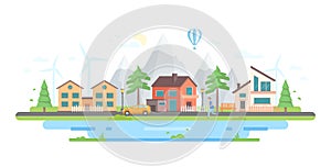 Town by the hills - modern flat design style vector illustration