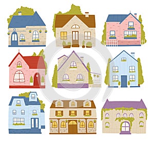 Town houses, neighborhood residence cartoon buildings set, cute colourful cottage cabin houses