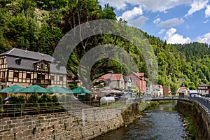 Town Hrensko on Kaminitska river in Bohemian Switzerland national park, Czech Republic