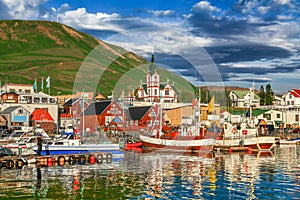 Town of Husavik at sunset, north coast of Iceland