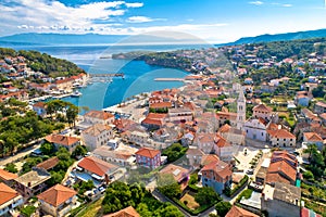 Town of Jelsa bay and waterfront aerial view, Hvar island