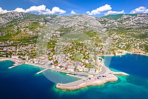 Town of Karlobag waterfront and turquoise sea aerial view