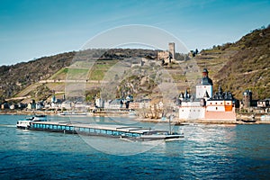 Town of Kaub with ship on Rhine river, Rheinland-Pfalz, Germany