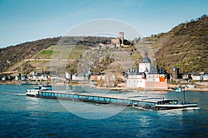 Town of Kaub with ship on Rhine river, Rheinland-Pfalz, Germany