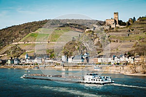 Town of Kaub with ship on Rhine river, Rheinland-Pfalz, Germany