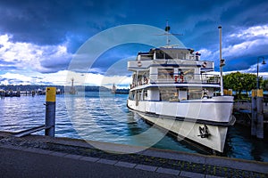 Town of Konstanz on Bodensee lake scenic waterfront and boat view
