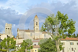 Town of La Turbie with Trophee des Alpes and church, France