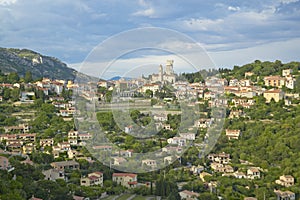 Town of La Turbie with Trophee des Alpes and church, France