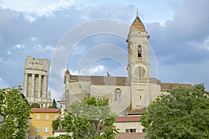 Town of La Turbie with Trophee des Alpes and church, France