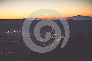 Town landscape at night. A bird-eye view of a mountain town after sunset, Zakopane in Poland.