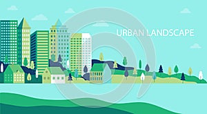 Town landscape panorama. Urban industry illustration. Simple flat city landscape with nature plant. Banner with countryside.