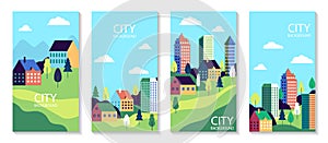 Town landscape set poster. Urban industry cards. Simple flat city with buildings, street. Set of banner with nature countryside.