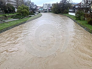 The town of Leskovac in the south of Serbia - a view of the swollen river Veternica.