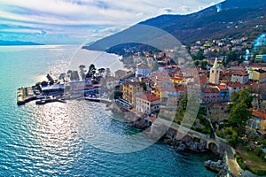 Town of Lovran and Lungomare sea walkway aerial panoramic view