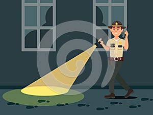 Town male sheriff police officer character in official uniform with flashlight searching on the dark vector Illustration photo