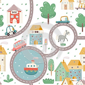 Town Map Kids Seamless Pattern with Cartoon Cars, Houses, Roads. Vector Illustration. Cute City Background for Kids Fabric,