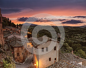 The town of Montepulciano and the surrounding area in the evening at sunset, Tuscany