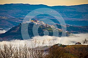 Town of Motovun above fog and istrian landscape view