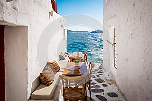 The Town of Mykonos, called Chora, whitewashed cubic houses and narrow streets