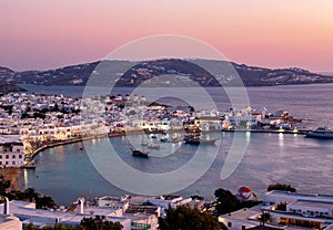 The town of Mykonos island just after a summer sunset, Cyclades, Greece