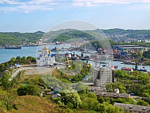 Town Nakhodka. View on Cathedral Church and bay