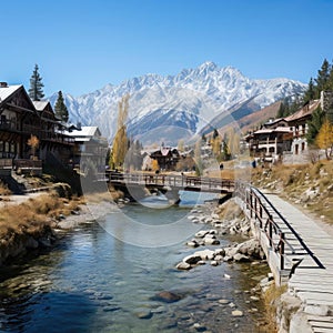 Town near a stream and mountains in a naturalistic style