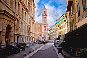 Town of Nice colorful street architecture and church view