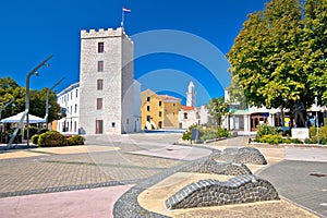 Town of Novi Vinodolski tower and old stone square view