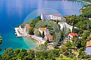 Town of Omisalj beach and coastline on Krk island aerial view