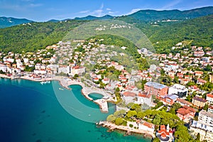 Town of Opatija and Slatina beach aerial panoramic view