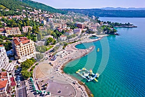 Town of Opatija and Slatina beach aerial panoramic view