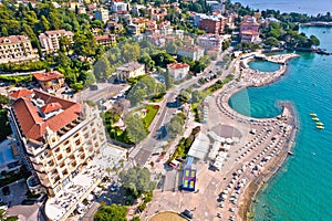 Town of Opatija and Slatina beach and waterfront aerial view