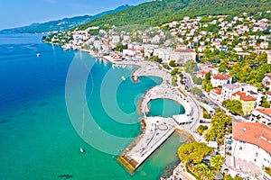 Town of Opatija and Slatina beach and waterfront aerial view