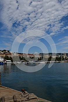 Town Overlooking Boats Moored at Porto Mirabello, La Spezia, Liguria, Italy